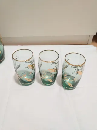 Juego cristal vintage verde y dorado