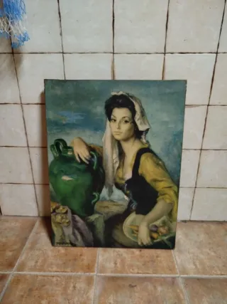 Lámina antigua mujer con jarrón, doble marco mader