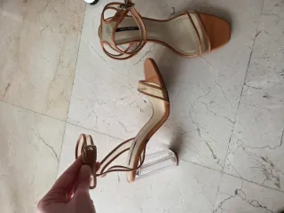 Sandalias Zara Tacón Transparente Beige/Naranja
