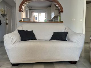 Sofá 3+2 piel beige con fundas de tela incluidas