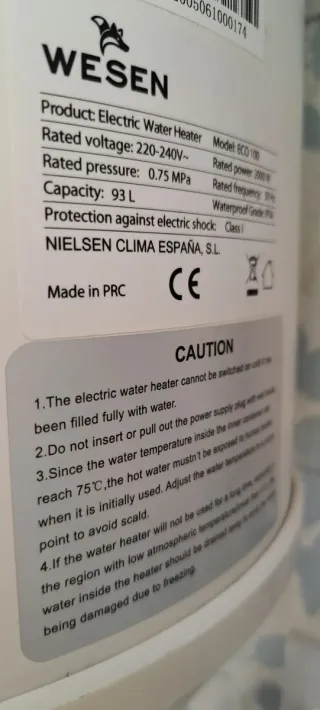 Termo Eléctrico Wesen de 100 litros, 2 tanques