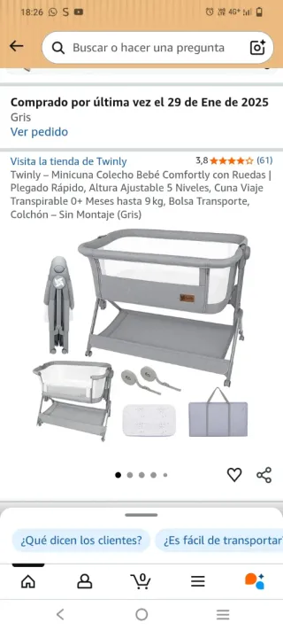 Minicuna Colecho Bebé Twinly Gris