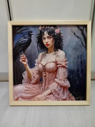 Dipinto olio su tavola donna con corvo