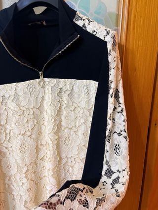 Abito donna pizzo e tessuto tecnico nero/beige