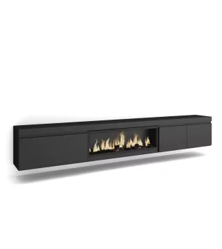 Mueble TV, 288cm,Chimenea eléct. Suspendido, Negro