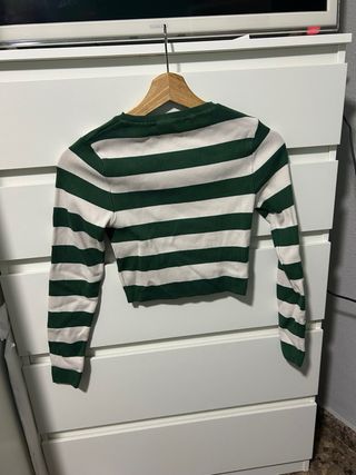 Top Zara Rayas Verde y Blanco Manga Larga