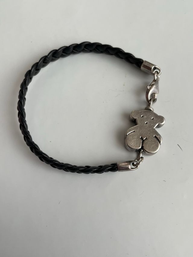 Pulsera Tous Cuero Trenzado Plata S925 Oso (19cm)
