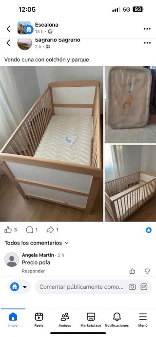 Cuna con colchón, trona y parque