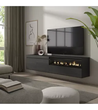 Mueble TV, 200cm, Chimenea eléct. Colgado Negro.