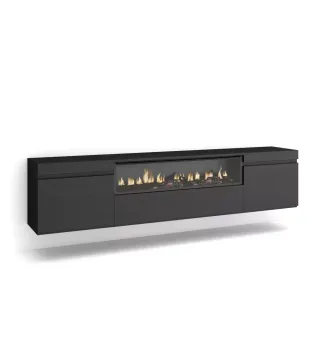 Mueble TV, 200cm, Chimenea eléct. Colgado Negro.