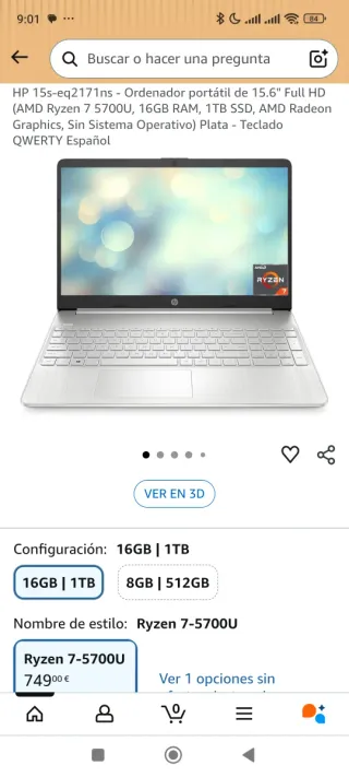 Portátil HP 15s-eq2151ns Ryzen 7 16GB/1TB