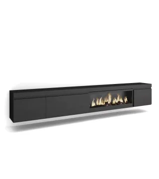 Mueble TV, 288cm, Chimenea eléct. Colgado Negro.