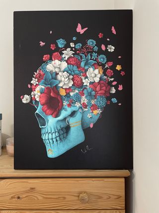 Cuadro Calavera Flores Azul Multicolor