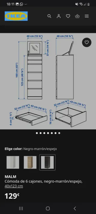 Cajonera MALM Ikea Negra/Marrón