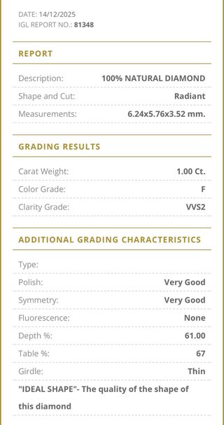 Anillo Oro 18k Diamante Natural 1.00 Ct:VVS2/F