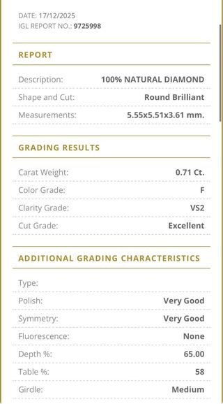 Anillo Oro 18k Diamante 0.71ct VS2/F