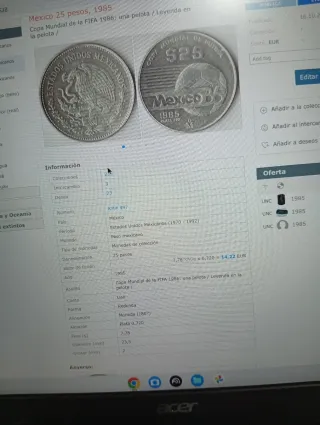 Moneda 25 Pesos México 1985 Plata