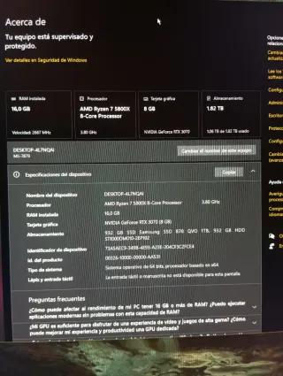 Torre PC, ryzen 7 5800X, RTX 3070, 16gb ddr4, 2TB