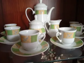 Juego de café porcelana verde y blanco
