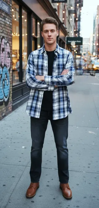 Camisa cuadros PULL&BEAR azul y blanco