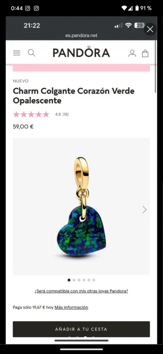 Colgante Pandora Corazón Oro y Jade