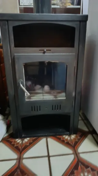 Chimenea de leña metálica con puerta de cristal
