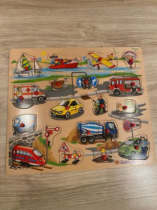 Puzzle madera vehículos botones bebé