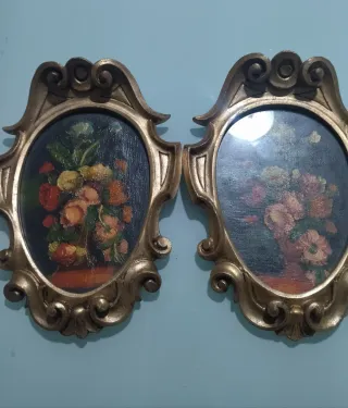 Coppia Quadri Floreali Dorati