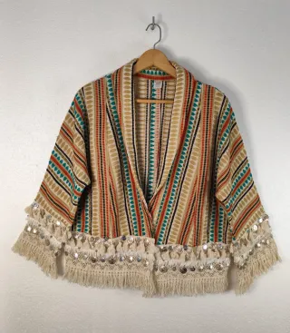 Chaqueta Boho Étnica Flecos Monedas Talla M