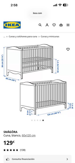 Cuna IKEA SMÅGÖRA blanca 60x120 cm