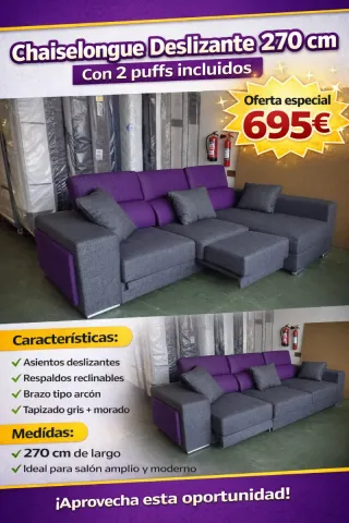 Sofá Chaiselongue 270cm Gris y Morado