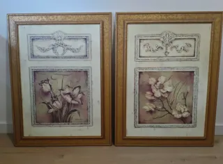 Set 2 cuadros vintage flores dorados