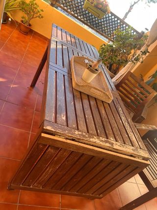 Mesa extensible terraza + 2 sillones madera