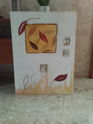 Cuadro decorativo hojas beige y rojo