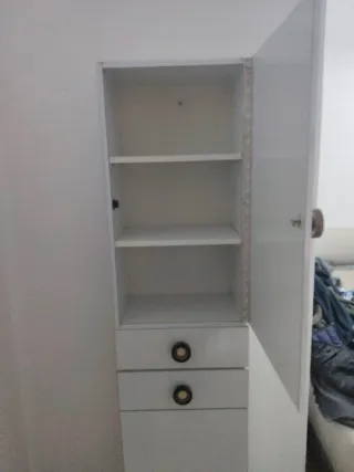 Armario estrecho baño blanco y gris