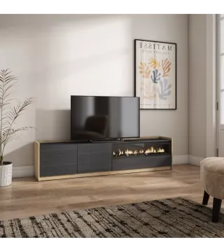 Mueble TV, 207cm Chimenea eléctrica, Negro y roble