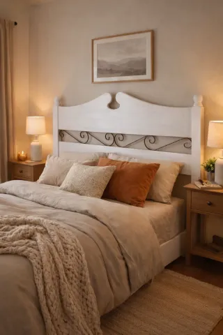 Cabecero madera y forja blanco y bronce.