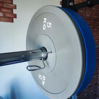 Mancuernas, discos, barra olímpica y banco.