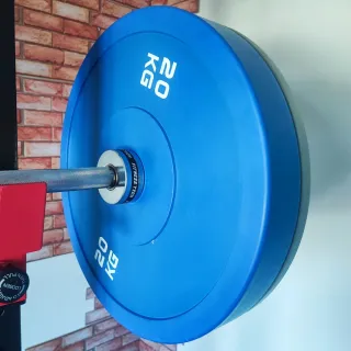 Mancuernas, discos, barra olímpica y banco.