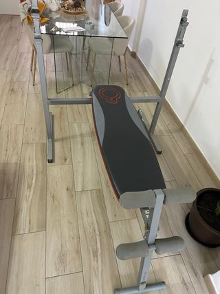 Press banca + pesas 2x10kg-2x5kg + barra + soporte