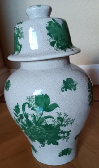 Tibor de cerámica verde y beige