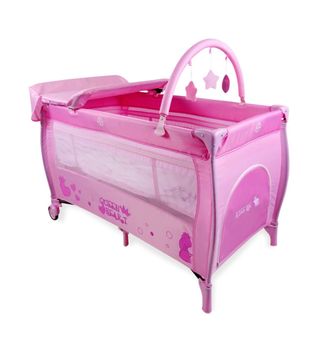 Cuna de viaje rosa con cambiador