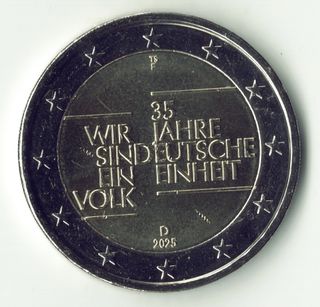 Moneda 2 euros Alemania 2025, UNC. 35 años unidad