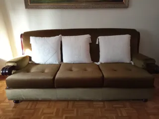 Sofá vintage tela y madera como nuevo