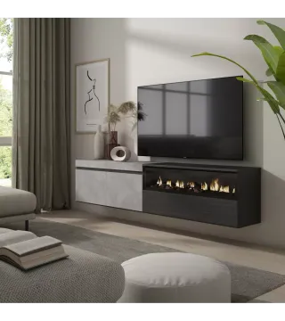 Mueble TV, 200cm, Chimenea eléct. Colgado Cemento