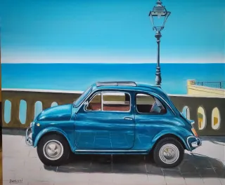 Quadro Fiat 500 Blu Mare olio su tela 60*50