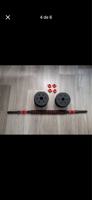 Set de pesas y barra para gimnasio. En total 10kg.