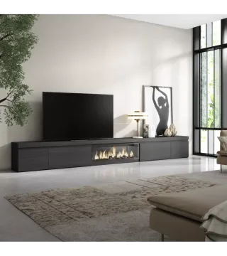Mueble TV, 368x35x45cm, Chimenea eléctrica Negro.