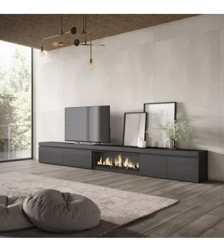 Mueble TV, 368x35x45cm, Chimenea eléctrica Negro.