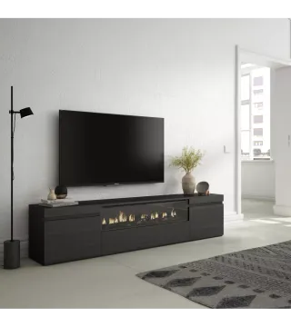 Mueble Tv, 200x35x45cm, Chimenea eléctrica, Negro.